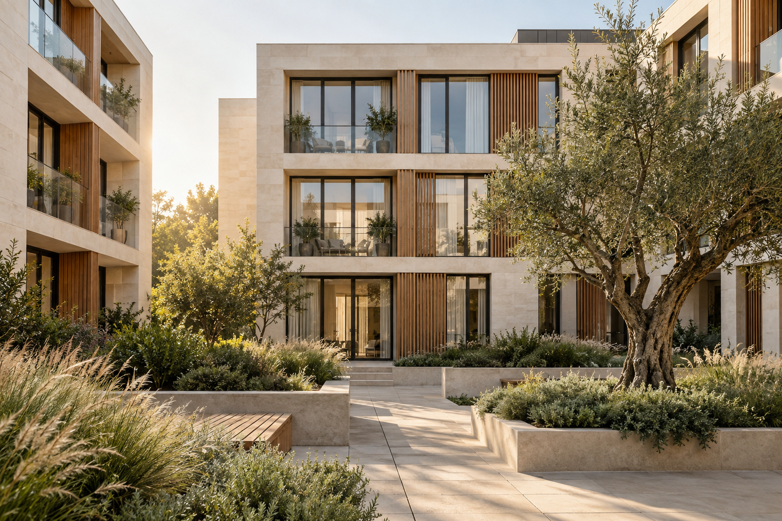 Concept image of a contemporary apartment courtyard with pale stone, warm wood and landscaped greenery